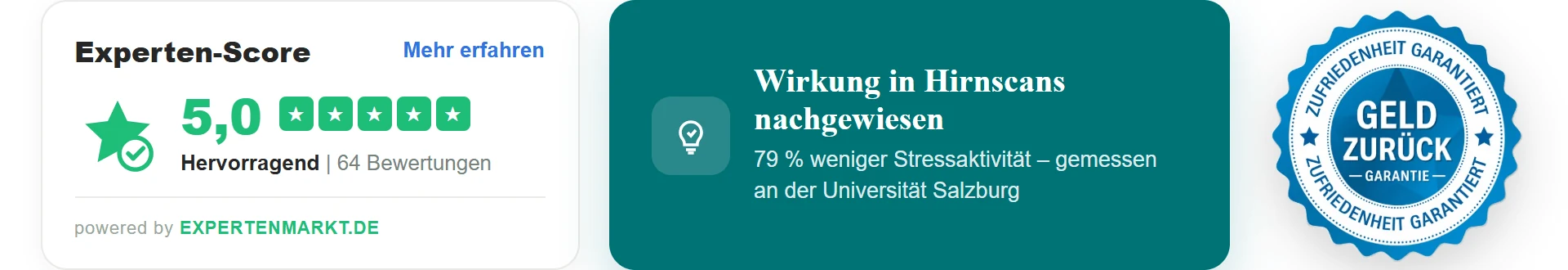 Experten-Score 5,0 · Wirkung in Hirnscans nachgewiesen · Geld-zurück-Garantie